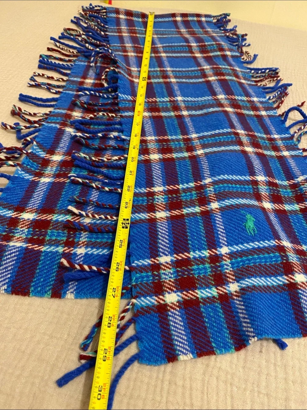 Polo Ralph Lauren Merino Wool Blue Plaid Fringe Scarf with Burgundy Stripes